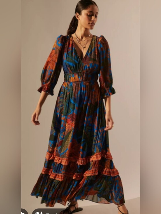 FARM Rio Dresses & Skirts - FARM Rio Puff Sleeve Anthropologie Blue Rust Floral Maxi Dress Tropical Medium
